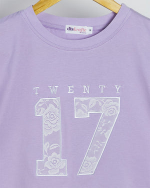 Lilac drop shoulder tshirt with 'TWENTY 17' in applique embroidery