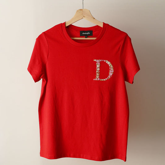Red Maple Tee with D embroidered in Pink Blush Palette