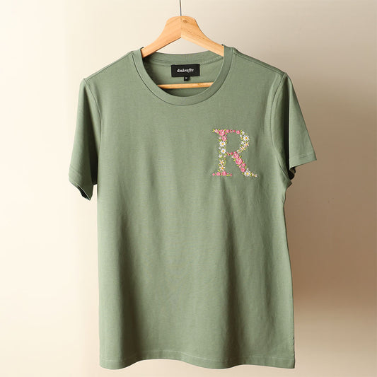 Sage Green Maple Tee with R embroidered in Pink Blush Palette