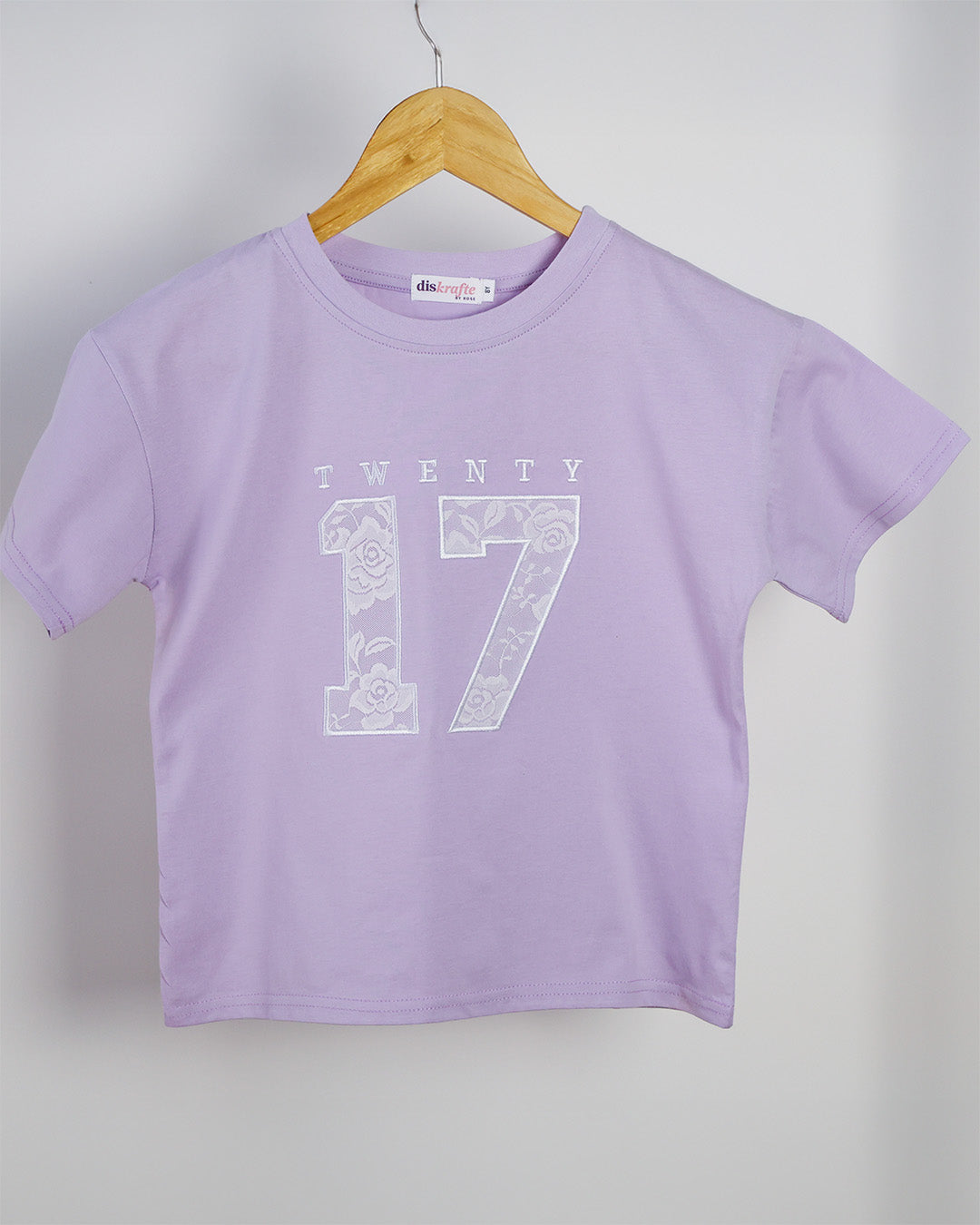 Lilac Drop Shoulder t-shirt with 'TWENTY 17' lace applique embroidery