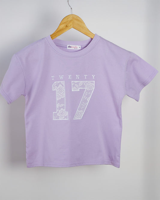 Lilac Drop Shoulder t-shirt with 'TWENTY 17' lace applique embroidery