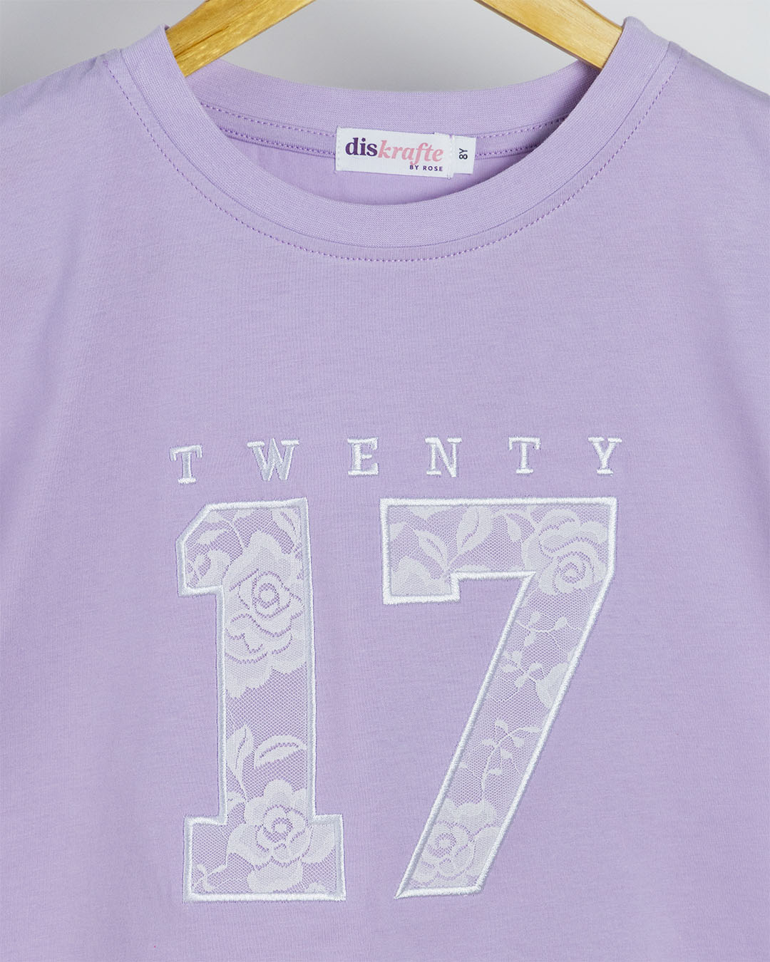 Lilac drop shoulder tshirt  with 'TWENTY 17' in applique embroidery