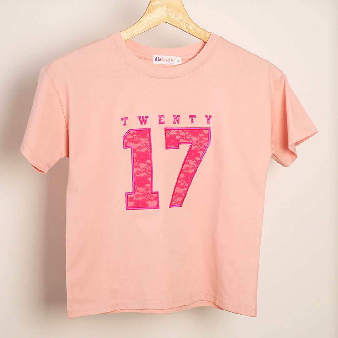Peachy Pink drop shoulder t-shirt with 'TWENTY 17' lace applique embroidery