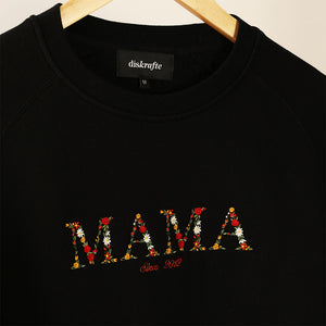 Black Raglan Sweatshirt with Mama embroidered in Floral Autumn Palette closeup