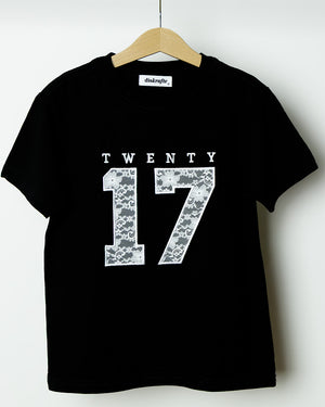 Black t-shirt with 'TWENTY 17' embroidered in applique white lace fabric l