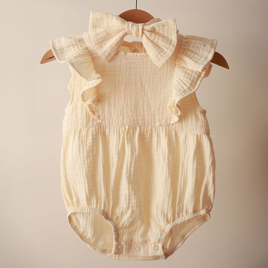 PLAIN ORGANIC MUSLIN RUFFLE ROMPER with BOW HEADBAND SET