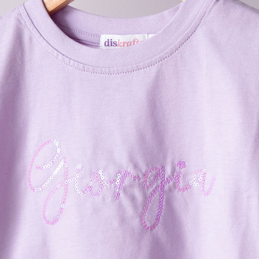 Lilac shirt with 'Georgia' in Iridescent Deep Pink