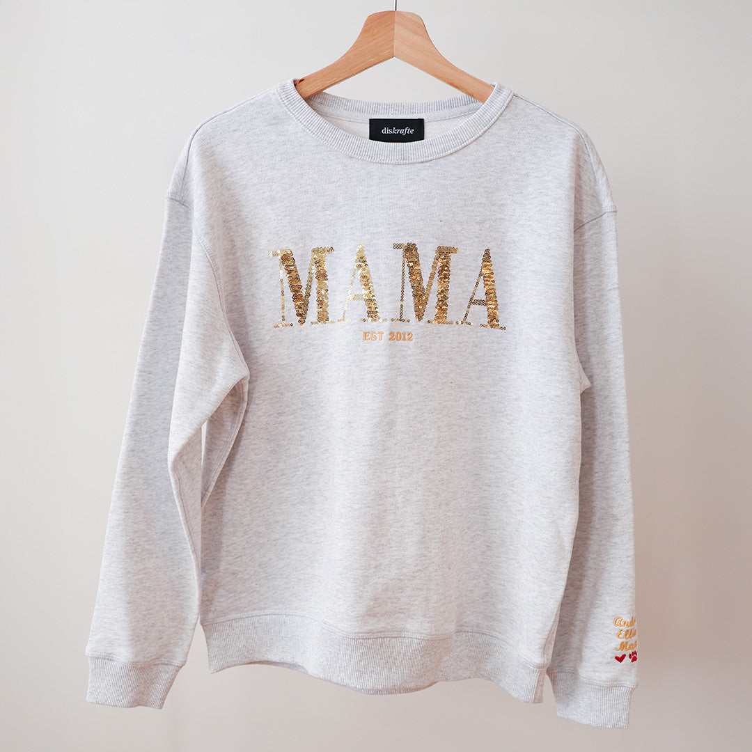 Premium Crew in White Marle Embroidered with MAMA Statement in Gold Sequins