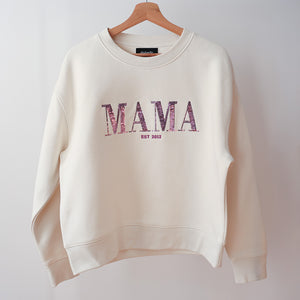 Relax Ecru Sweatshirt embroidered with MAMA in Statement Metallic Plum sequins