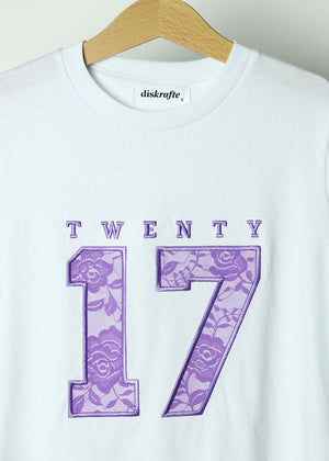 White t-shirt with 'TWENTY 17' in Lilac Rose Vine lace applique embroidery