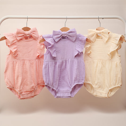 PLAIN ORGANIC MUSLIN RUFFLE ROMPER with BOW HEADBAND SET